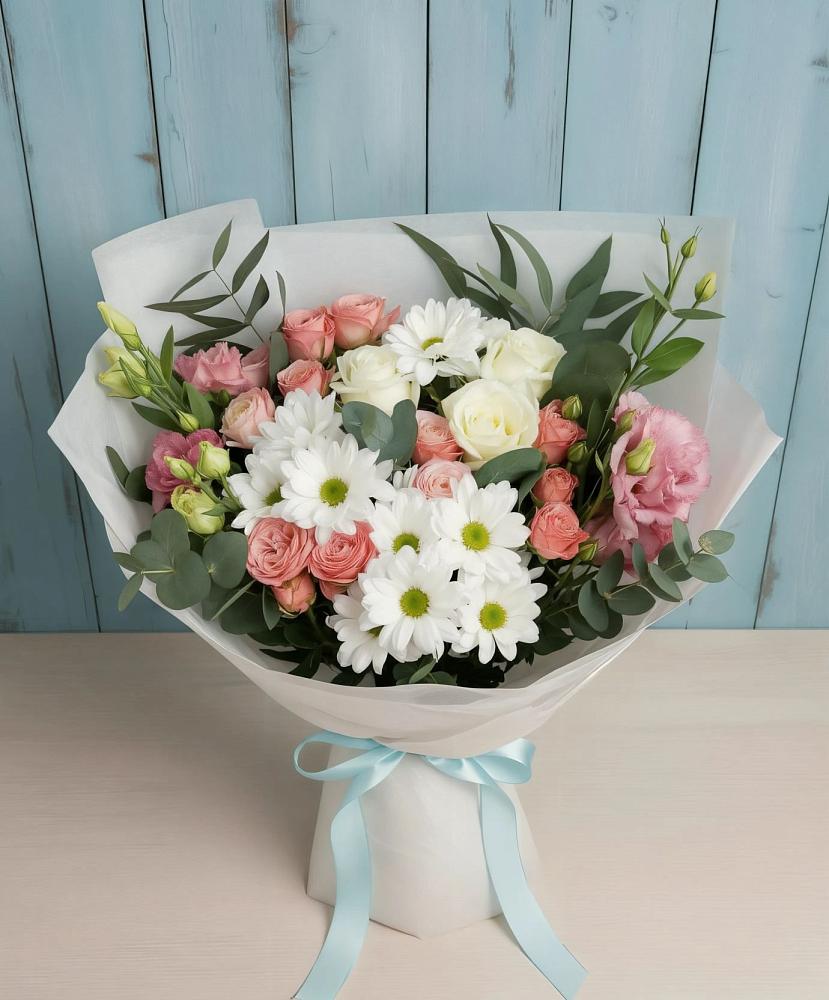Букет цветов из: Розы, Лизиантусы и Хризантемы в Федоровка Тульская область