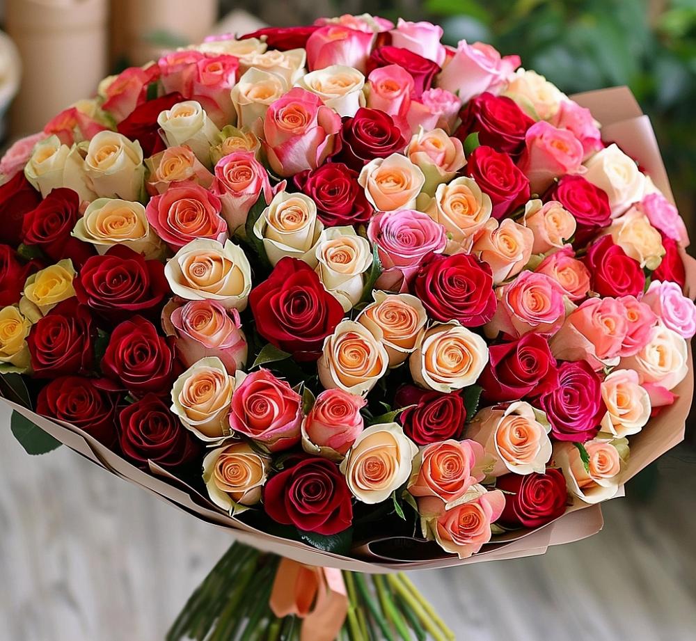 Букет 101 Разноцветная роза в Федоровка Тульская область